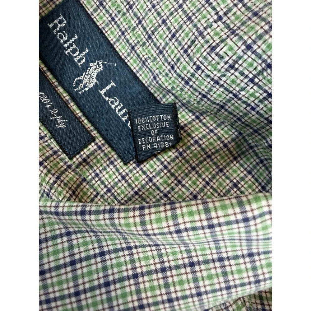 Ralph Lauren Shirt Mens‎ XL Long Sleeve Green Blue Check Plaid 120's 2-ply